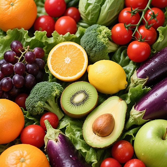 俯拍视角下，大量新鲜果蔬紧密排列形成的丰富构图，绿色生菜叶作为底层铺垫，中央区域点缀着切开的橙子（露出饱满果肉与清晰果瓣纹理）、完整的黄色柠檬、对半切开的绿色猕猴桃（黑色种子排列整齐）、深紫色葡萄串、红色小番茄（带绿色果蒂）、绿色西兰花（ florets 结构分明）、绿色牛油果（切开露出棕色果核）、青苹果、紫色茄子，所有果蔬色彩鲜艳饱和，呈现出极高的写实主义质感，表面带有自然光泽和细微水珠，光影明亮均匀，营造出健康、新鲜、充满活力的氛围，整体画面层次丰富，细节清晰，蔬菜水果的自然纹理和形态被精准捕捉，无任何文字或logo元素。