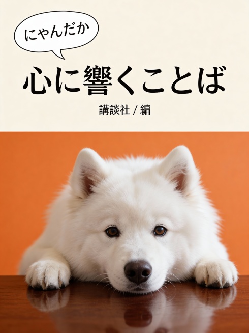 上下分层图文构图，写实风格。上半部分是浅米色底色，配手写气泡框 “にゃんだか”、黑色日文标题 “心に響くことば” 及 “講談社 / 編” 字样，中间对齐。下半部分是暖橙色背景，核心是图示宠物探头趴在深预览效果