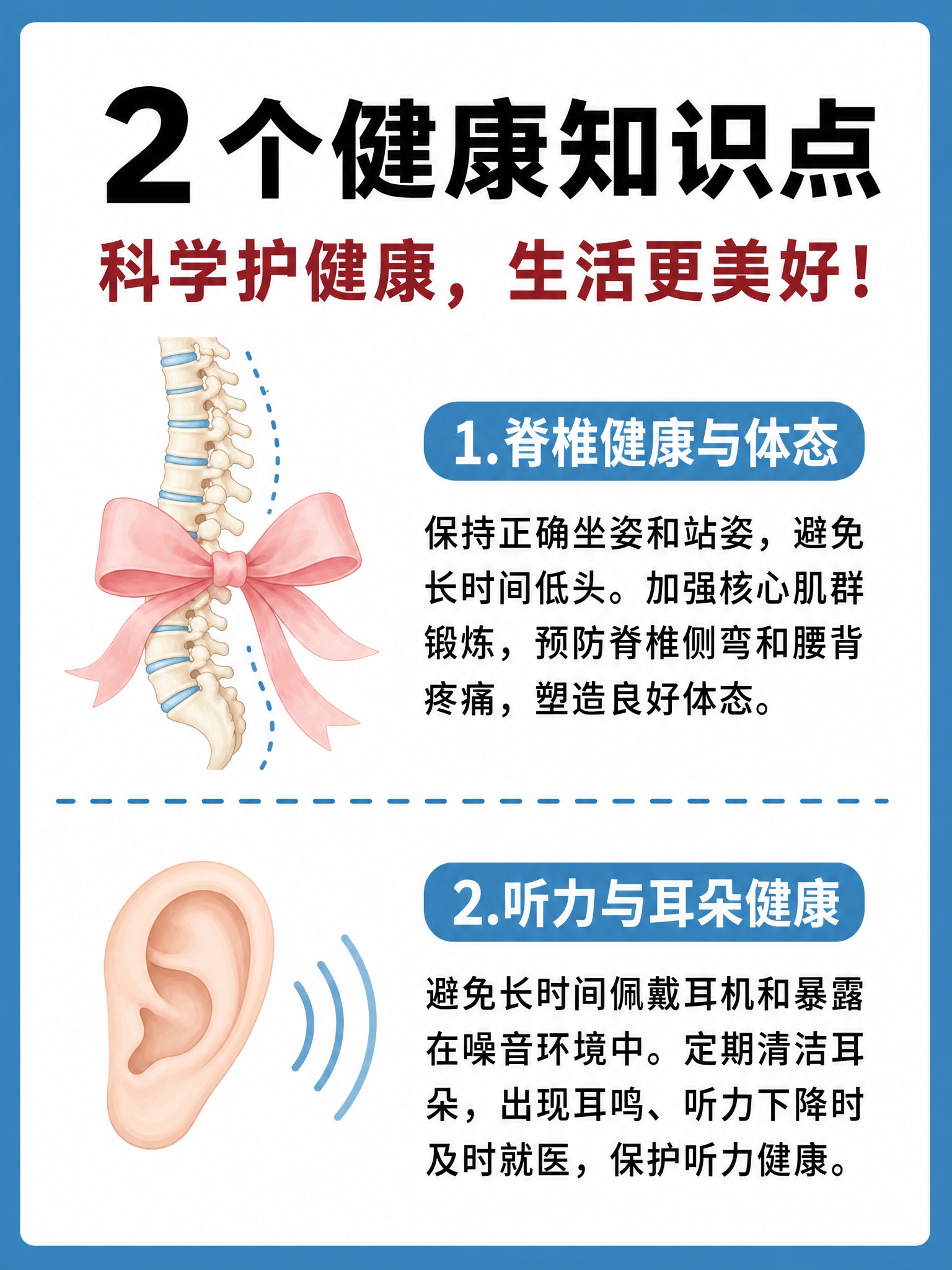 健康科普信息图，蓝色边框白色背景，扁平插画风格。画面展示两个健… - 图片创意预览