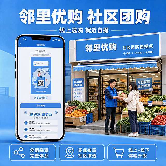 将图中手机里的邀请好友页面替换为右侧图片，邀请好友页面保留整体布局和内容，仅替换页面本身为图2，对手机框内的图2做稍微模糊处理，保持整体风格一致，主题色蓝色不变，文字内容不变，手机边框保留，原布局不变。邻里优购社区团购主图，蓝色主背景，左侧手机展示替换后内容，右侧线下门店自提场景，顶部大标题，底部卖点。整体比例不变，4K分辨率，文字清晰，画面干净。