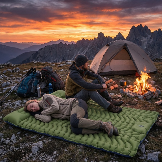 将背景替换为户外山地日落场景，添加一对外国男女：女生穿着登山服躺在充气垫上睡觉，外国男人穿着登山服坐在充气垫上看日落，人物旁边地面放置登山装备，人物后方添加帐篷和火堆预览效果