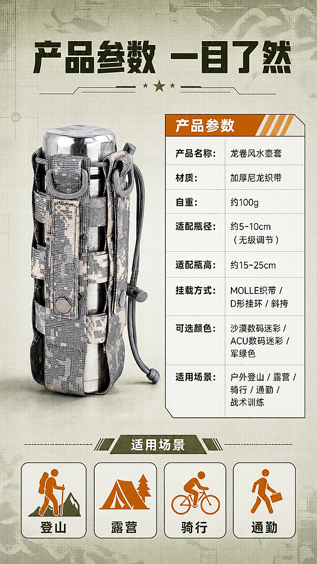 [商品] 使用【图2】ACU数码迷彩水壶套（装保温杯）；保留产品结构、颜色、材质和比例；商品处理：增强织带纹理、缝线和五金质感，保持正面清晰。
[画面] 目标：规格参数与适用场景页，信息卡式呈现产品参数。构图：左侧产品标准照，右侧参数信息卡，底部适用场景图标。主体占比：产品约占画面45%。景别：中景（产品标准照）。阅读动线：顶部标题→左侧产品→右侧参数卡→底部场景图标。前中后景：前景产品+信息卡，后景浅军绿战术纹理背景。场景：简洁信息页风格，战术质感。
[视觉] 套系策略：风格=战术户外机能商业摄影；标题字=粗黑体硬朗无衬线；正文字=简洁黑体；主色=军绿+沙漠棕；背景延展=浅军绿渐变+细微帆布纹理；强调色=战术橙，仅用于参数表头和场景图标；标题色=深军绿；正文色=深炭灰；组件=直角参数表格、场景图标、分隔线；光影=均匀柔光，产品自然投影。
[文字] 顶部主标题："产品参数 一目了然"；参数卡内容："产品名称：龙卷风水壶套""材质：加厚尼龙织带""自重：约100g""适配瓶径：约5-10cm（无级调节）""适配瓶高：约15-25cm""挂载方式：MOLLE织带 / D形挂环 / 斜挎""可选颜色：沙漠数码迷彩 / ACU数码迷彩 / 军绿色""适用场景：户外登山 / 露营 / 骑行 / 通勤 / 战术训练"；底部4个场景小图标+文字：登山、露营、骑行、通勤；文字横排，参数表格清晰，手机端可读。
[规格] 图片比例9:16竖版，4K，medium。负向：变形、错字、文字过小、竖排文字、纯白底、极限词、虚构参数、平台Logo。