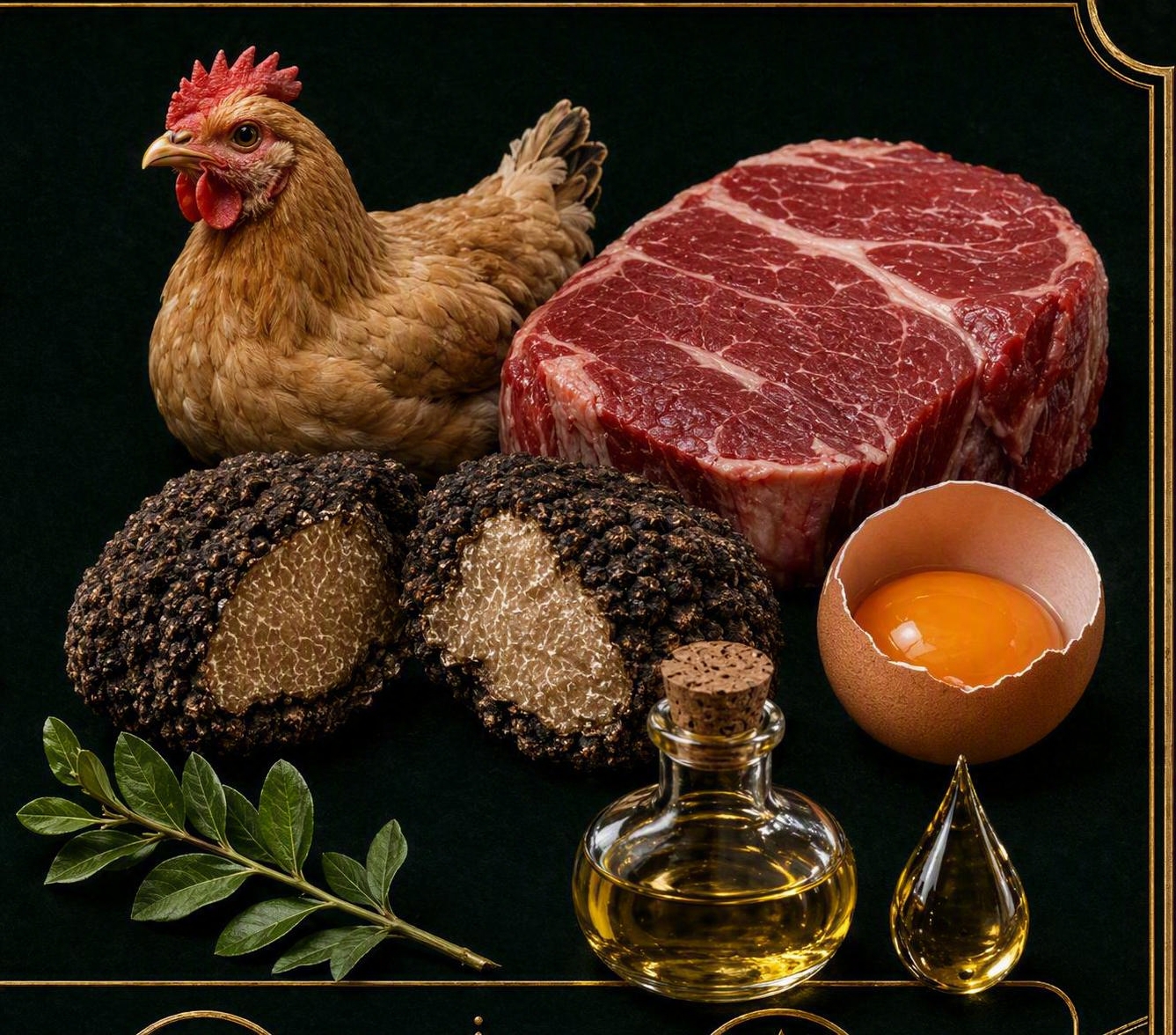 将图中所有食材处理得更加真实自然，保持原构图和深绿色背景不变。… - 图片创意预览