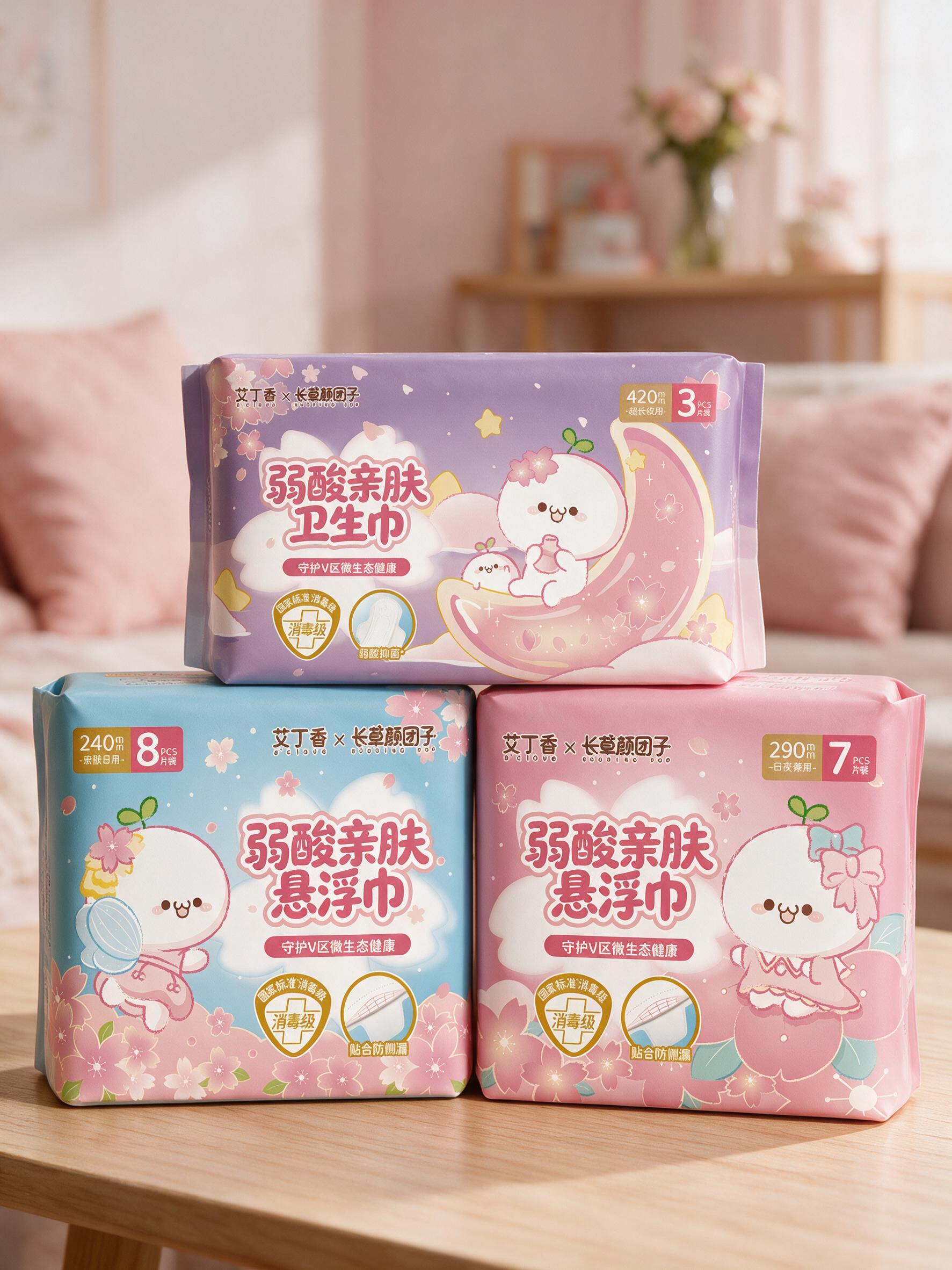 将三款卫生巾包装正面做成真实的包装效果图，三款包装宽度和高度尺… - 图片创意预览