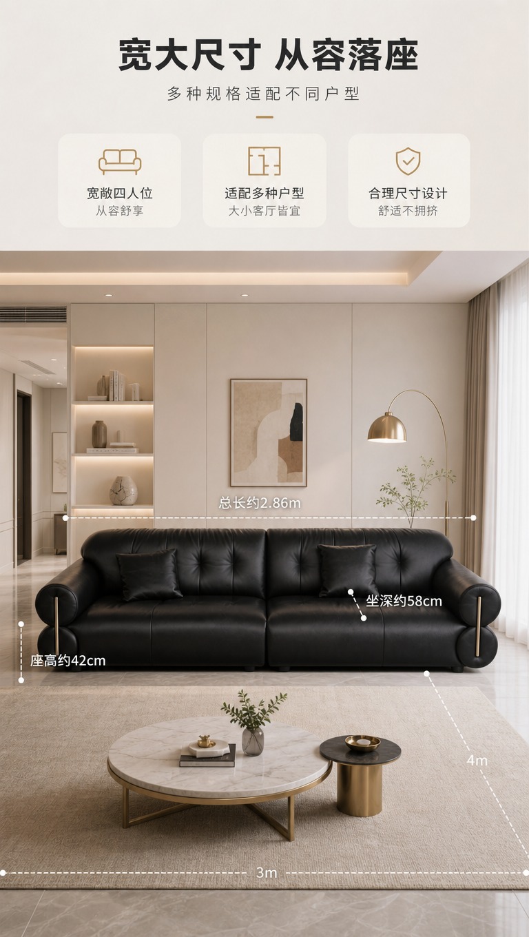 [商品] 使用【图1】黑色皮质四人位沙发；保留整体结构、颜色和… - 图片创意预览
