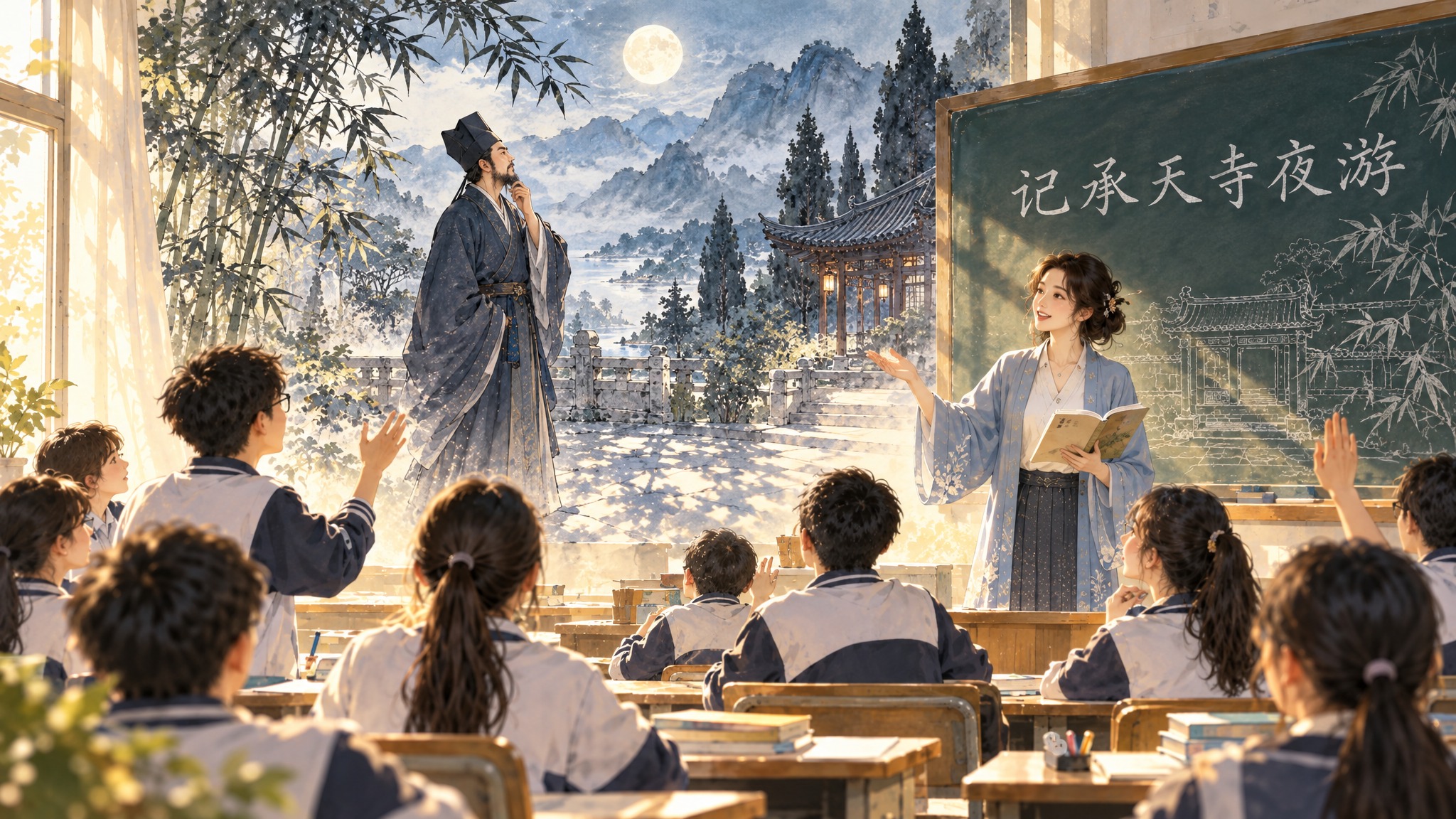 参考图的写实国风插画风格，课堂场景，女老师站在黑板右侧讲课，手… - 图片创意预览
