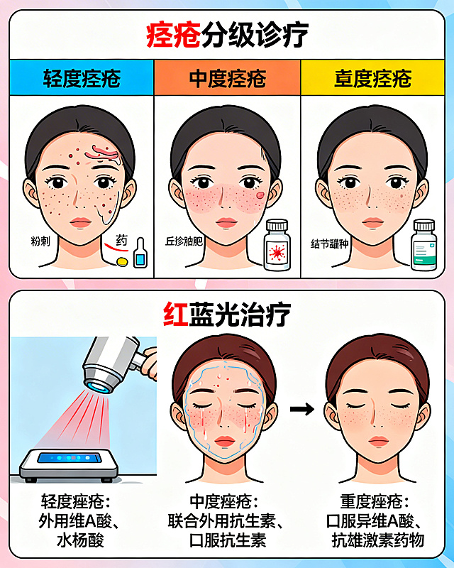 漫画风格，分两部分展示：第一部分是痤疮分级诊疗，左侧是轻度痤疮，标注外用维A酸、水杨酸等药物，配粉刺皮肤和用药示意；中间是中度痤疮，标注联合外用抗生素、口服抗生素，配丘疹脓疱皮肤和用药示意；右侧是重度痤疮，标注口服异维A酸、抗雄激素药物，配结节囊肿皮肤和用药示意。第二部分是红蓝光治疗，展示红蓝光仪器照射面部，配轻中度痤疮皮肤逐渐好转的过程，画面清晰易懂，生动有趣