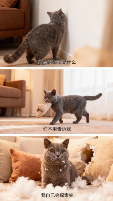 画面基调： 横向拼接的三宫格。整体色调为温暖的棕褐色与米白色渐变，营造出舒适温馨的家庭氛围。家具柔和，光线朦胧，带有柔和的胶片质感。

第一格 (左上)：家里的秘密是什么 | What's the s预览效果