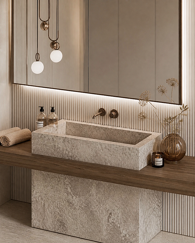 参考图中侘寂风现代浴室的整体风格、材质色调与软装搭配，重新生成画面：人眼站立高度机位，正面轻微斜侧视角，10°浅俯视接近平视，镜头特写，重点展示洗手台台面区域。台面为天然洞石大理石材质，纹理自然斑驳，搭配深胡桃木悬浮台面，台上摆放卷好的米色毛巾、洗护瓶、琥珀玻璃花瓶与干花、小蜡烛等精致软装。背景是米白色竖纹格栅墙面，上方有大尺寸细边框浴室镜，镜背有暖光灯带，左侧悬挂现代简约球形吊灯。整体色调为暖米色、浅棕、木色与石材灰色，柔和暖光，光影细腻，高级质感，室内设计渲染图，超写实，高细节