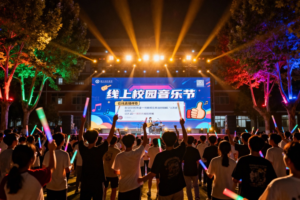 学校“校园之声”广播站计划举办一场“线上校园音乐节，请你使用AIGC工具，为此次活动完成以下系列宣传物料的设计与创作：  ① 场景生成：请为“线上校园音乐节”设计一张主视觉场景图，用于活动封面。写出你预览效果