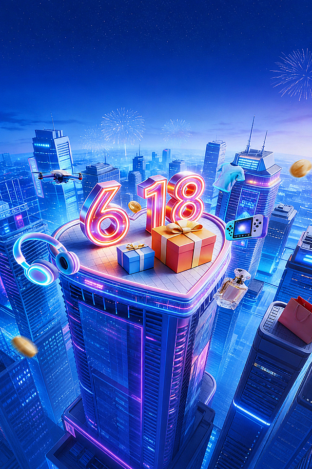 去除这张图片中所有文字内容，仅保留原有的618礼物、城市建筑、烟花和商品的画面