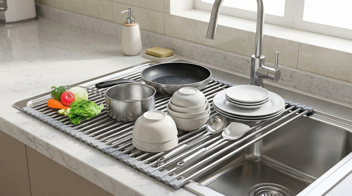 保持不锈钢可折叠沥水架主体特征不变，将其放置在厨房水槽上方，沥水架上摆放着洗干净的锅碗瓢盆等餐具，厨房环境明亮整洁，风格写实预览效果