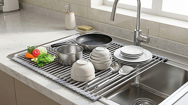 保持不锈钢可折叠沥水架主体特征不变，将其放置在厨房水槽上方，沥水架上摆放着洗干净的锅碗瓢盆等餐具，厨房环境明亮整洁，风格写实