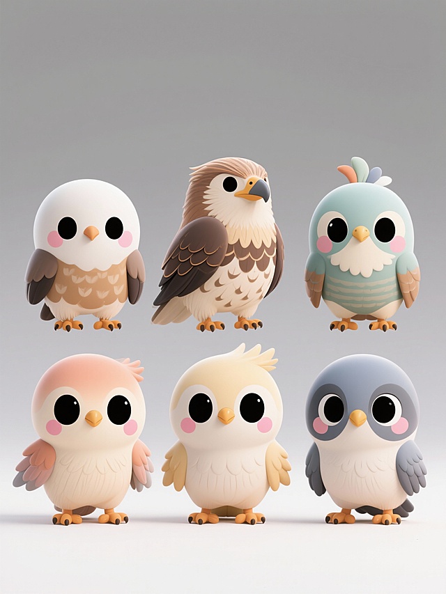 6个不同外貌、不同造型、不同品种的卡通猎鹰，保持Q版可爱风格，圆头圆脑，大大的黑色眼睛，脸颊有粉色腮红，身体呈现柔和的渐变色彩，翅膀小巧，肚子为浅色，排列整齐地站在纯白色背景上，每个猎鹰都有独特的特征如不同形状的羽毛纹理、喙、头部羽冠和颜色搭配，整体画面简洁明快，充满童趣。