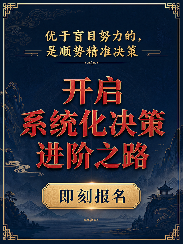 [第9屏] 结尾行动号召，深蓝色国风背景，顶部引言「优于盲目努力的，是顺势精准决策」浅金色；中间主标题「开启系统化决策进阶之路」朱砂红大字体，居中；底部引导「即刻报名」浅金色按钮样式，整体营造专业感召力，3:4比例，4K分辨率，文字清晰可辨