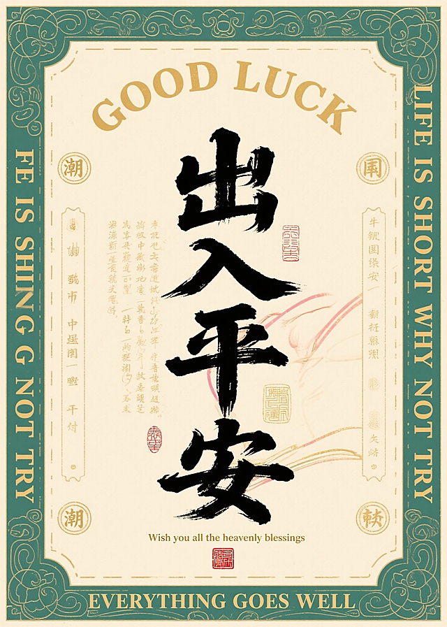 国潮设计画面，米黄色底色有民国怀旧氛围，外围是繁复墨绿色花纹边框，顶部和底部有英文‘EVERYTHING GOES WELL’，中间拱起‘GOOD LUCK’，两侧竖排英文‘LIFE IS SHORT WHY NOT TRY’，画面核心是粗犷黑笔写的‘出入平安’，周围有竖排小字和细字点缀，底部有英文‘Wish you all the heavenly blessings’和红色篆