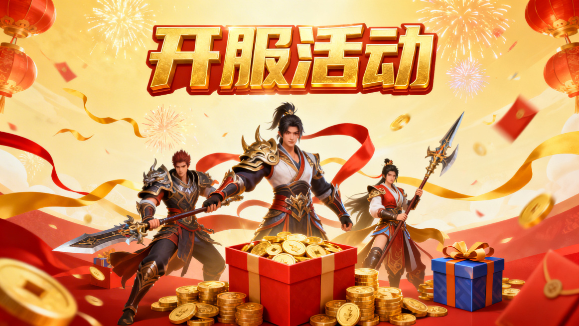 设计开服活动宣传图，金色立体“开服活动”艺术字作为主标题，搭配游戏开服相关元素，整体风格热闹喜庆，突出开服福利氛围预览效果