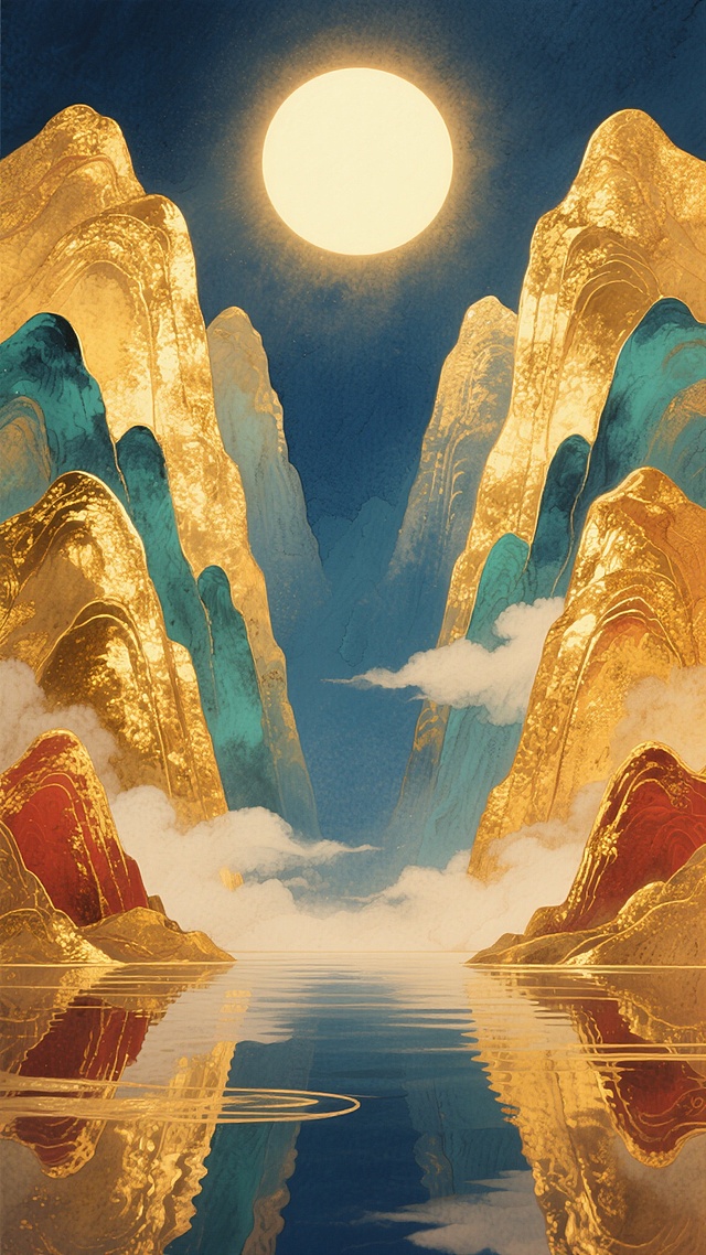 水彩风格鎏金国风风景插画，画面以金色、鎏金、琥珀色、赤金为主色调，辅以深蓝色与青绿色点缀，顶部中央为明亮的圆形光源，光线柔和地向四周扩散，照亮两侧呈对称弧形排列的鎏金质感山峦，山峦表面有细腻的纹理与渐变光泽，山脚处云雾缭绕，呈现出轻盈飘逸的质感，下方是平静的水面，水面倒映着天空与山峦的鎏金色彩，整体构图采用对称美学，视觉引导线从两侧山峦向中央光源汇聚，营造出庄严、神圣而又宁静的氛围，笔触厚重而富有层次感，色彩和谐统一，充满鎏金国风的华丽与典雅气息。