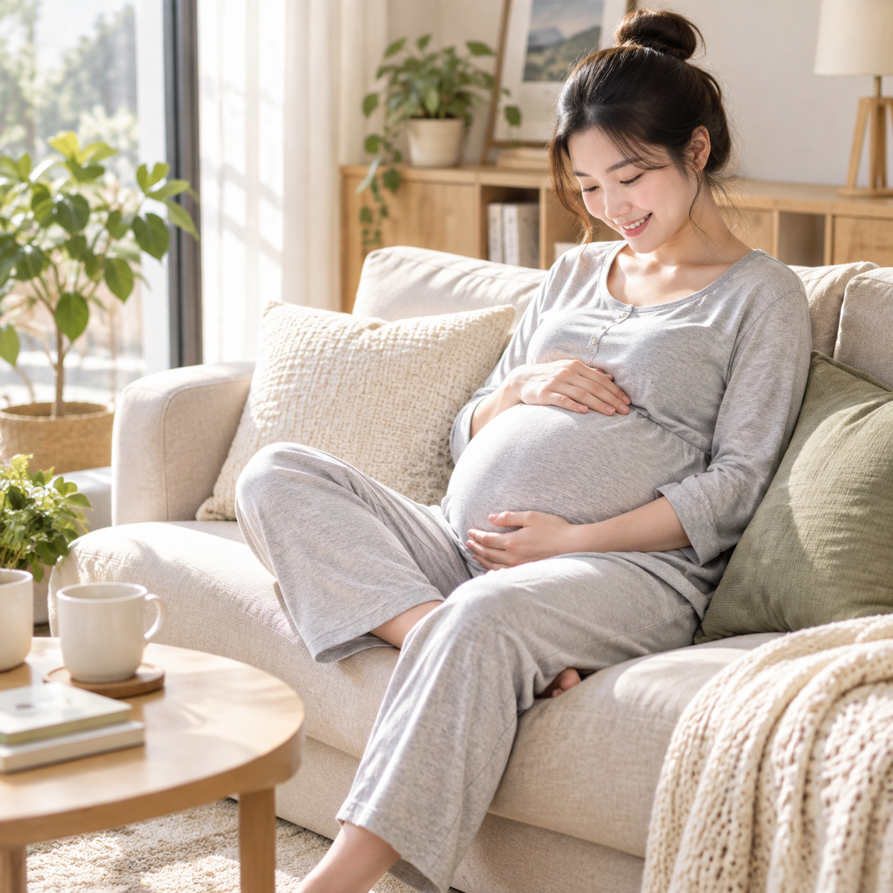 一位温柔的孕妇居家场景，怀孕约7-8个月，穿着舒适的浅灰色棉质… - 图片创意预览