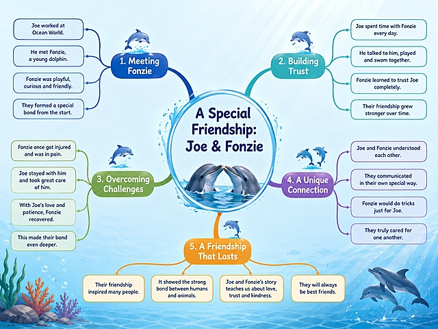 Generate a clear English mind map based on the article 'A special friendship'. The central theme is 'A Special Friendship: Joe & Fonzie', with clear branching structure, clean blue ocean style matching the original article, small dolphin icon decoration, all text in English, neat layout, easy to read.