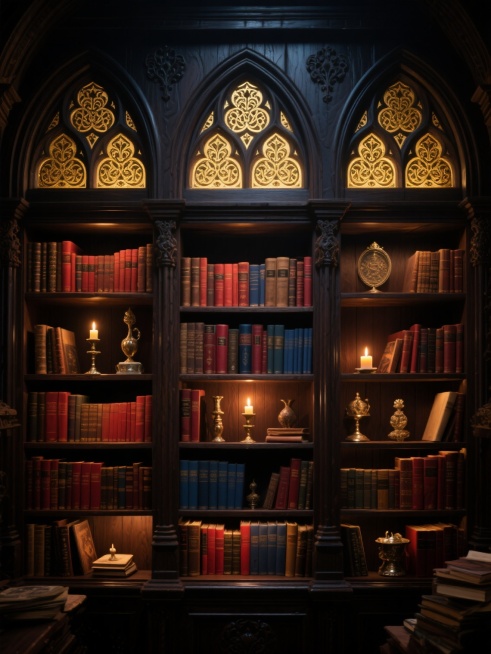 具有哥特式建筑风格的华丽书架，整体为深色木质结构，顶部装饰有三个拱形镂空雕花区域，每个区域内有金色繁复花纹并内置柔和灯光，书架分为多层多格，整齐排列着各种颜色和厚度的复古书籍，书脊呈现红、棕、蓝等暖色调，部分格子中点缀着小巧的金属烛台、古朴摆件和燃烧的蜡烛，营造出神秘而温暖的图书馆氛围，光影效果细腻，阴影层次丰富，书籍排列错落有致，细节精致，充满古典魔幻气息。预览效果