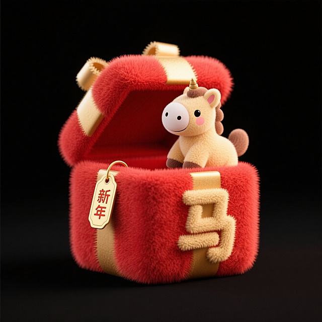 软3D风格的毛绒礼盒，红色面料质感搭配金色“马”字与新年标签，内藏可爱卡通小马，喜庆感十足，充满节日氛围。