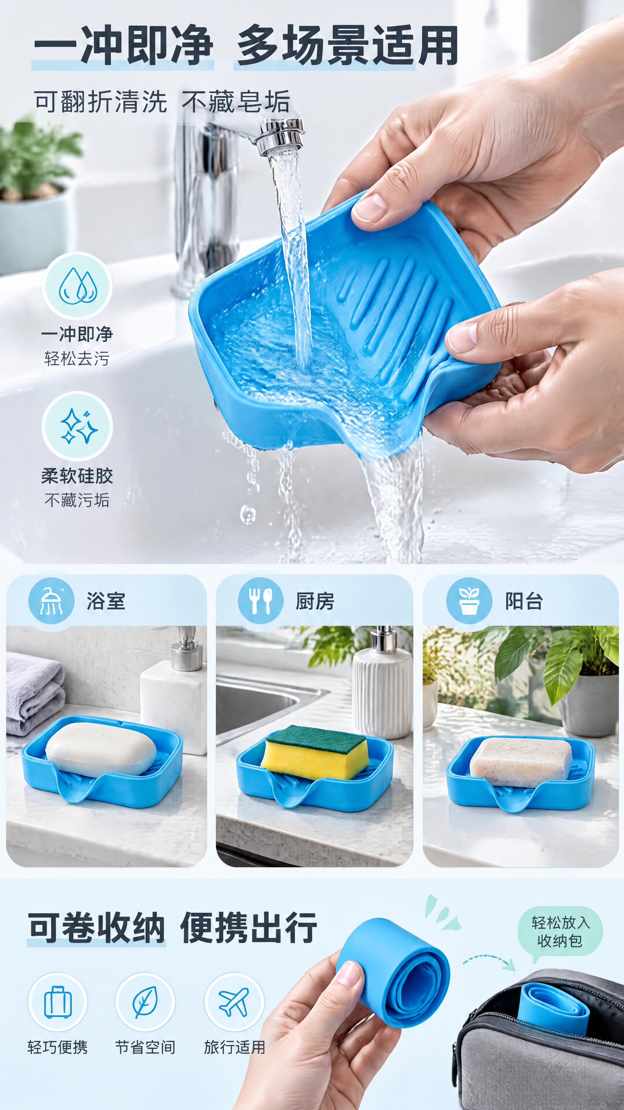 [商品] 使用【图1】蓝色硅胶香皂盒；保留结构、颜色和材质；展… - 图片创意预览