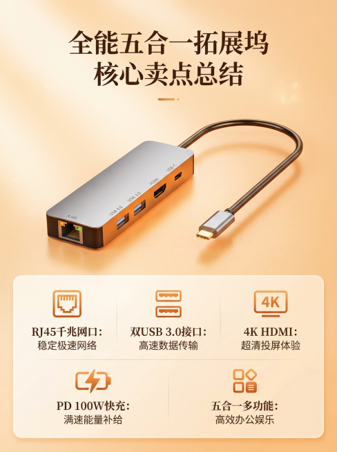 详情页第八张，整体卖点总结，展示多接口多功能五合一拓展坞全部核心卖点，排版展示所有卖点文字，高端简约暖橙色风格，3:4比例，1688平台商品详情页总结图预览效果