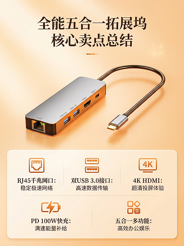 详情页第八张，整体卖点总结，展示多接口多功能五合一拓展坞全部核心卖点，排版展示所有卖点文字，高端简约暖橙色风格，3:4比例，1688平台商品详情页总结图