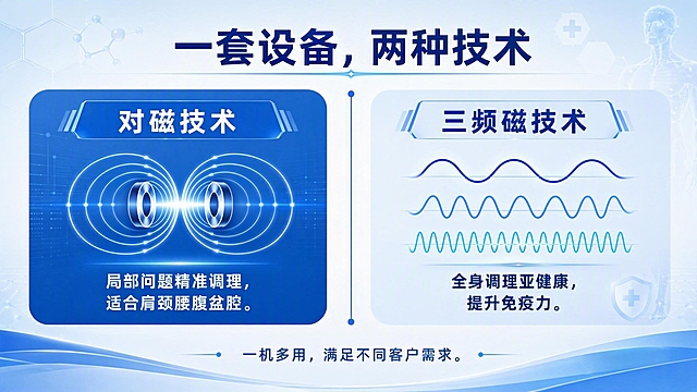 PPT技术总览页设计，16:9横版，科技医疗风格，蓝白主色调。标题："一套设备，两种技术"。左右分栏布局，中间有蓝色竖线分隔。左侧蓝色区域标题"对磁技术"，配上下对称的磁场图标，文字：局部问题精准调理，适合肩颈腰腹盆腔。右侧浅蓝色区域标题"三频磁技术"，配三道波形图标，文字：全身调理亚健康，提升免疫力。底部一行小字：一机多用，满足不同客户需求。