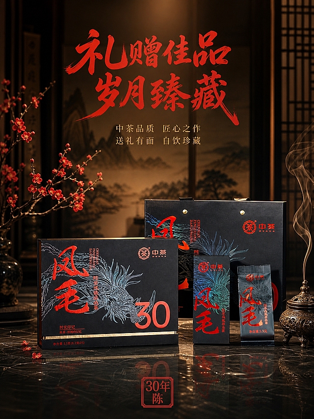 [主图-4] 送礼场景 沉浸式礼盒展示 高端礼品感 竖版。
[统一基调] 沉浸式暗调国风，深墨黑+朱砂红+暗金配色，高级质感，低饱和暖光氛围，烟雾缭绕，禅意茶境。主标题用粗笔书法体朱砂红色，辅助文字用暗金色细宋体，整体画面充满岁月沉淀的仪式感。竖版构图。
[画面] 画面中部是产品礼盒套装（手提袋+大礼盒+小盒+茶包）呈阶梯式摆放在深色大理石台面上，主体占比约50%，产品外观与原图完全一致。画面上方背景是新中式轻奢客厅场景的虚化剪影，隐约可见中式屏风和山水挂画的轮廓，有暖黄色灯光从上方洒落。礼盒旁搭配一支红梅插花和古朴香炉，香炉飘出袅袅青烟向上延伸。画面底部有深色大理石台面倒影，营造雅致送礼氛围。暖金色聚光灯从上方打在礼盒上，形成明暗对比。
[光影质感] 商业摄影质感，聚光效果，明暗对比强烈，礼盒表面烫金和UV工艺有精致反光，大理石台面有柔和倒影，整体氛围高端大气有仪式感，竖版空间纵深感强。
[配色] 深黑灰背景，礼盒黑红金主色，点缀红梅艳红和香炉青铜色，暖金色光线贯穿，整体高级奢华。
[文字版式] 画面上方主标题"礼赠佳品 岁月臻藏"朱砂红书法大字，气势恢宏。下方两行小字"中茶品质 匠心之作""送礼有面 自饮珍藏"暗金色细宋体。底部有一枚红色印章"30年陈"。文字放在上下负空间，不遮挡产品主体。
[输出要求] 750x1000竖版，3:4比例，文字清晰锐利，产品清晰完整，质感高级。负向：模糊、杂乱、水印、平台Logo、产品变形、颜色偏差、低质素材。