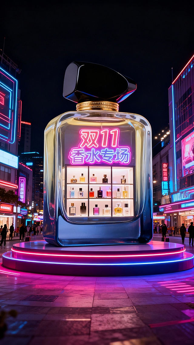 以科技感繁华街区为背景，中央是图中主体巨大化，主体倍放置在霓虹展台上，主体瓶身内设计成橱窗形式，无LOGO，瓶身内展示着各类香水。瓶身上挂着塑料霓虹灯牌效果“双11 香水专场”。