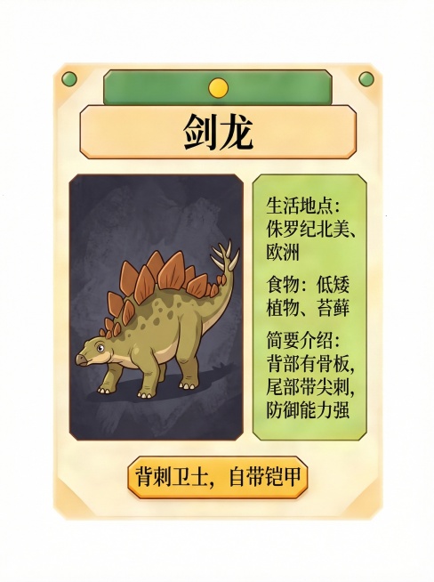 和参考图一样生成10张生成一张卡通恐龙图片要是和游戏卡片一样要有名称生活地点吃的食物等等要和参考图的布局一样并且是卡通风格预览效果