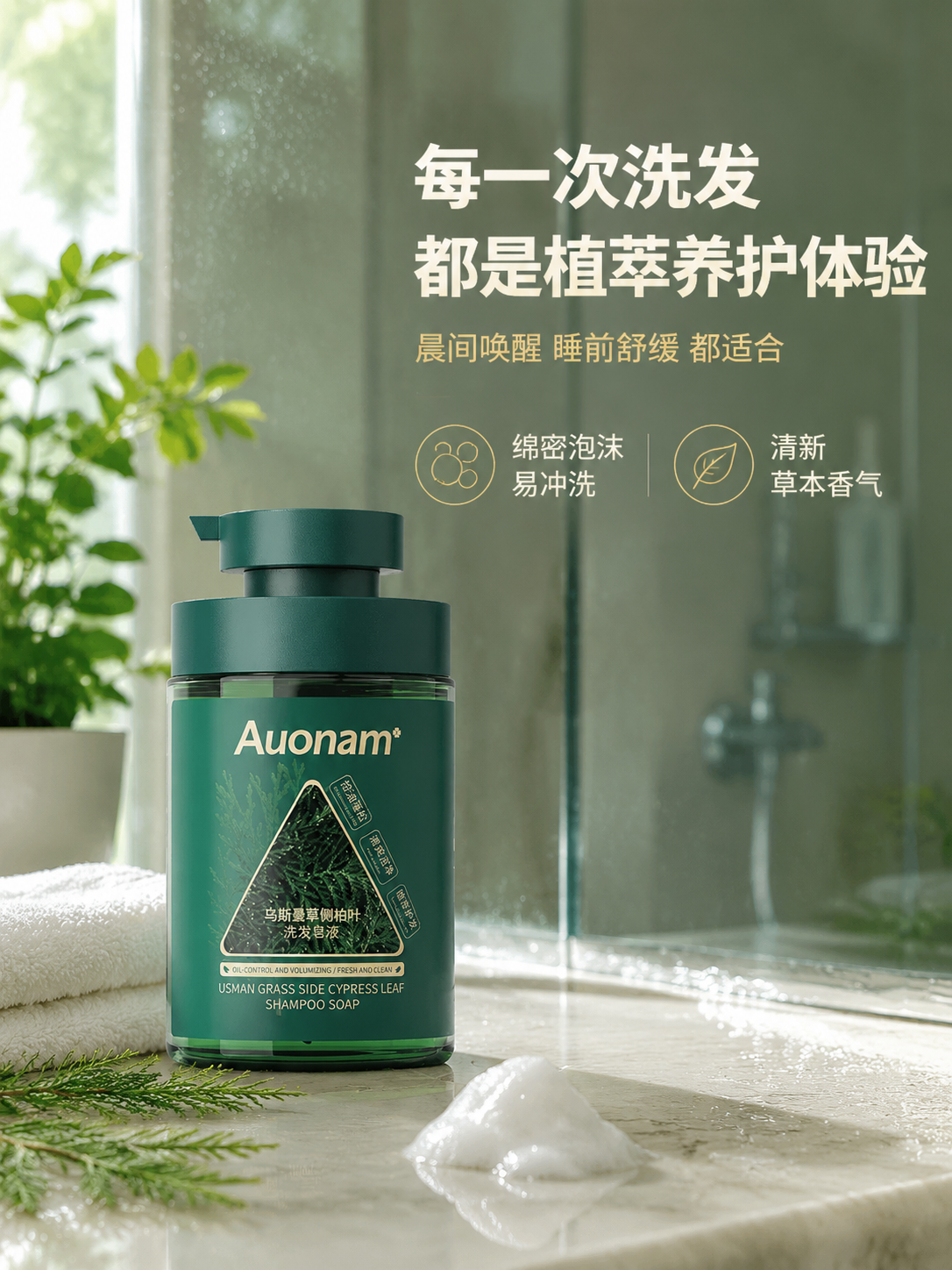 [商品] 使用【图1】乌斯曼草侧柏叶洗发皂液；保留深绿色瓶身、… - 图片创意预览