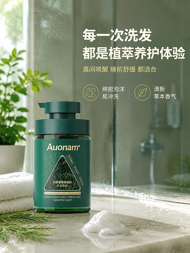 [商品] 使用【图1】乌斯曼草侧柏叶洗发皂液；保留深绿色瓶身、绿色按压盖、Auonam品牌Logo、瓶身标签文字；不改变产品结构、颜色和比例。产品在场景中自然摆放。
[画面] 页面目标：使用场景种草，浴室日常使用时刻，代入感强。单场景沉浸型版式，整体为清新的浴室场景。浅色大理石洗手台面上，洗发皂液瓶身放在左侧，旁边有白色毛巾、几片新鲜侧柏叶和一小株绿植作为点缀。台面上有少量水珠和一团绵密的奶白色泡沫，营造刚使用过的真实感。背景是模糊的浴室玻璃隔断和柔和的自然光线，有水雾朦胧感。画面整体干净整洁，有生活气息和使用代入感。
[视觉] 套系策略：风格=高级植萃天然商业摄影风；标题字=现代无衬线粗体；正文字=简洁无衬线体；主色=深森林绿；背景延展=基于深森林绿做深浅渐变、浴室场景虚化、水雾朦胧感；强调色=翠绿色，仅用于小面积图标、引线和标签；标题色=米白色；正文色=浅金色；组件=圆角半透明深绿信息卡、浅金细线引线、圆形图标；光影=柔和自然窗边光，台面有反光，瓶身有环境高光，整体温暖清新。
[文字] 画面右上方主标题大字米白色："每一次洗发 都是植萃养护体验"。下方副标题浅金色："晨间唤醒 睡前舒缓 都适合"。再下方两个小卖点横向排列，配图标和文字："绵密泡沫 易冲洗"、"清新草本香气"。文字放在画面右上留白处，不遮挡场景主体。
[规格] 图片比例3:4竖版，4K分辨率，文字清晰手机端可读，场景真实自然，产品融入环境，无水印无平台Logo。负向：绝对化用词、医疗功效暗示、生发防脱表述、场景杂乱、产品悬浮、光影不自然、夸张宣传。