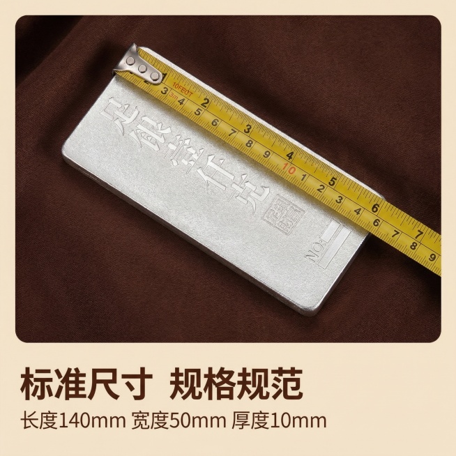 [主图 4] 尺寸规格展示，确认产品尺寸
[氛围/风格] 真实清晰，专业严谨，高级简洁。
[画面元素] 银条平铺放置，旁边用卷尺测量长度尺寸，刻度清晰可见，背景为深棕色布艺材质，简洁不抢主体，保持产品预览效果