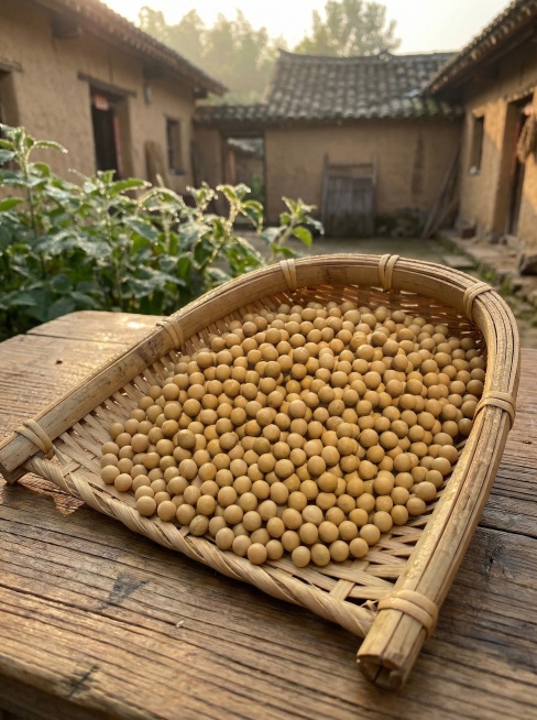 基于主图延续风格，展示黄豆放在乡村竹编簸箕中，背景是清晨的农家小院，沾满露水，自然晨光，高级朴实风格，颗粒完整饱满，产品外观保持一致，3:4比例，2K分辨率预览效果