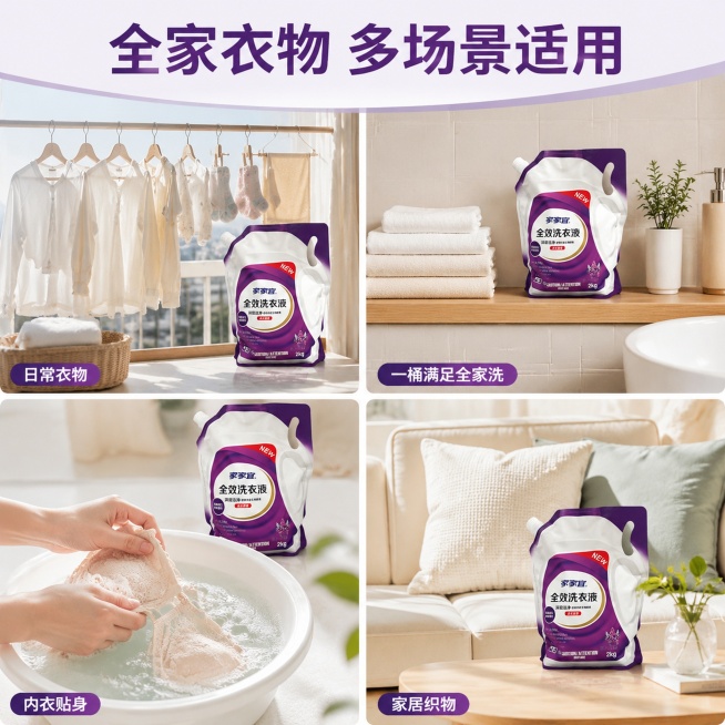 [主图-4] 多场景适用展示
[氛围风格] 温馨家庭日常氛围感，真实代入
[画质] 商业摄影质感、光线柔和通透、产品清晰真实、画面干净高级
[元素] 四宫格布局展示四个适用场景：左上洗干净的浅色衣物悬预览效果