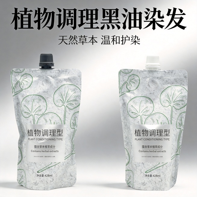 植物调理黑油染发产品高端电商主图，展示提供的产品包装设计，结合当下流行的黑油产品宣传风格，整体简约高级大气上档次，天然草本质感，干净高级背景预览效果