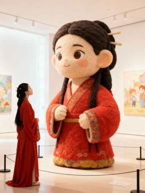 把图片主体做成充满创意和梦幻色彩的绘本风格的巨型毛毡艺术卡通风格雕塑放置在画面中心（主体的穿搭保持不变），主体站在一旁欣赏（与巨型主体形成比例反差），围栏隔离展示，背景是明亮的艺术展厅预览效果
