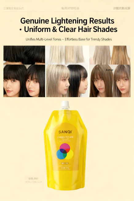 将这张漂发效果对比展示页的背景颜色改成淡卡其色，保持所有图文内容、排版、产品细节不变，整体保持2:3竖版，高级美发专业杂志风，文字内容不变，字体保持无衬线黑体，高清8K分辨率，光影自然。预览效果