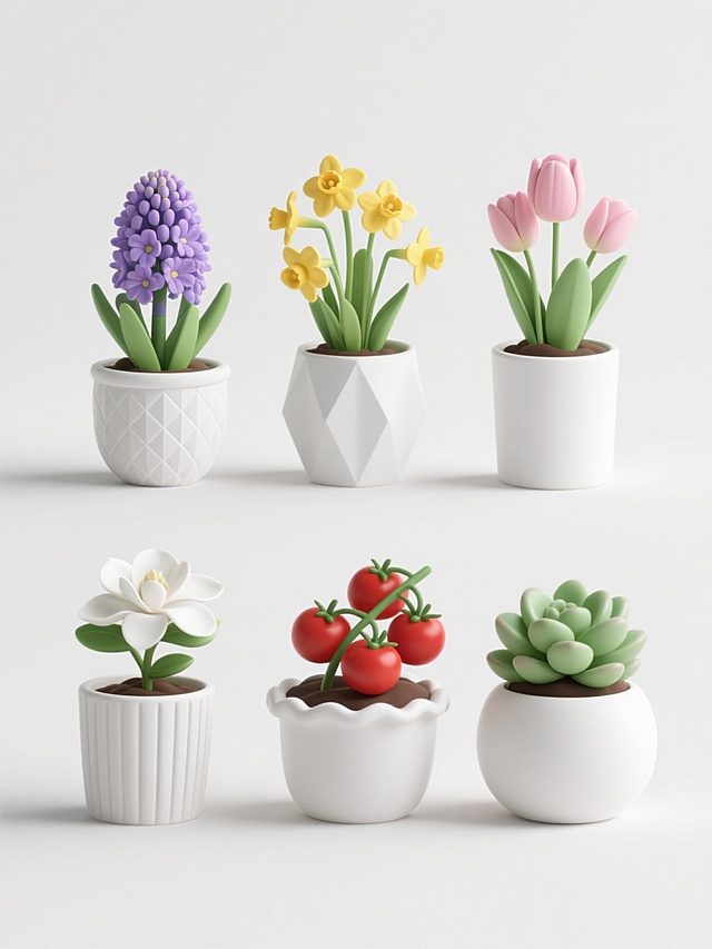 六个不同种类的盆栽植物以两行三列规整排布在纯白色背景上，保持统一的3D渲染风格，主色调为清新的绿色与淡雅的花色，光影柔和，高光细腻，阴影自然。第一行从左到右依次为：紫色风信子在带有菱形纹路的白色花盆中，黄色水仙在几何切割感白色花盆里，粉色郁金香种植在简约圆柱形白色花盆中；第二行从左到右依次为：白色栀子花搭配带竖条纹的白色花盆，红色小番茄植株生长在带有波浪边缘的白色花盆内，绿色多肉植物组合栽于圆形浅口白色花盆里。所有盆栽细节精致，叶片纹理清晰，花朵形态饱满，整体呈现出干净、整洁、统一的视觉效果。
