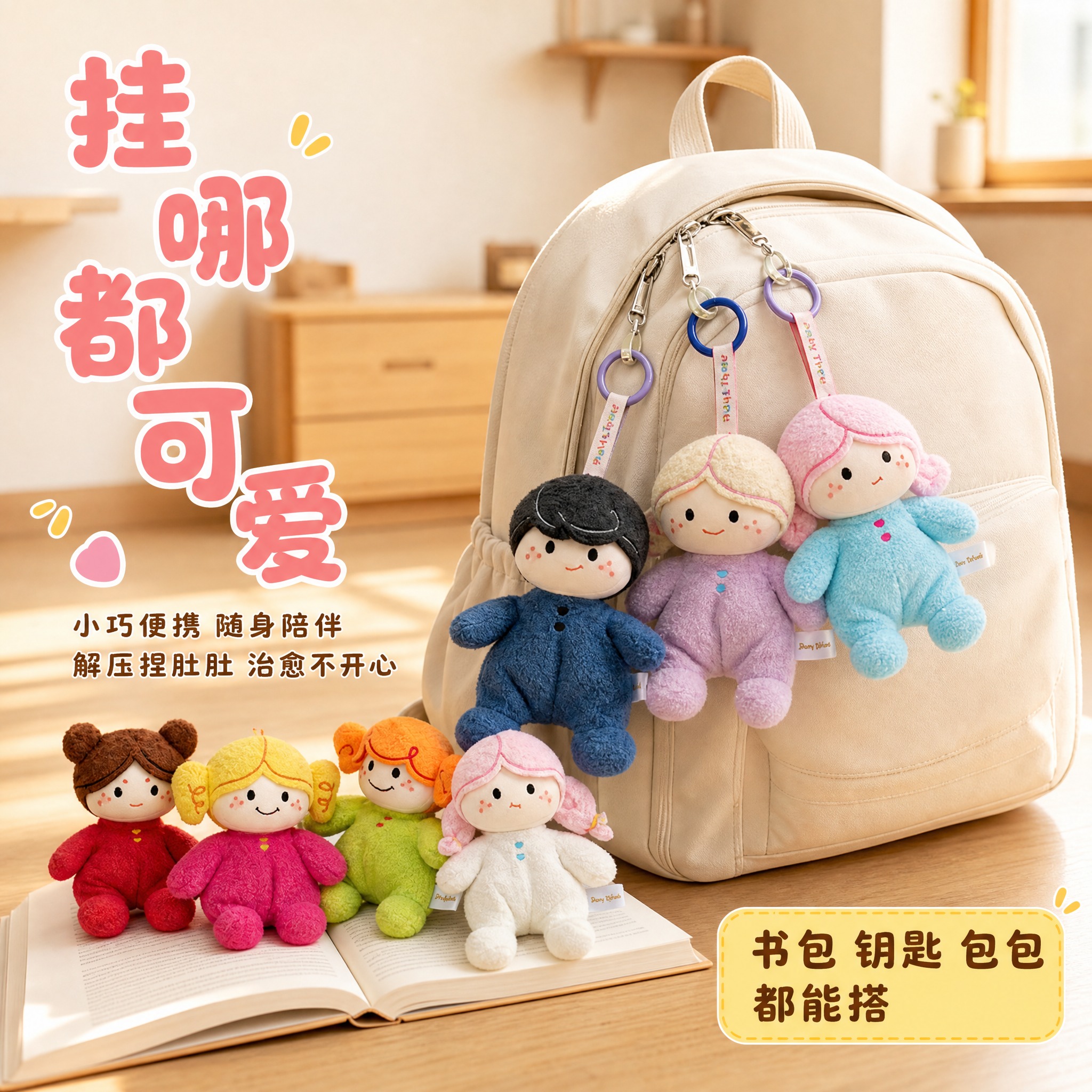 [主图-2] 主题：毛绒娃娃挂件使用场景图，展示小巧好搭配、挂… - 图片创意预览
