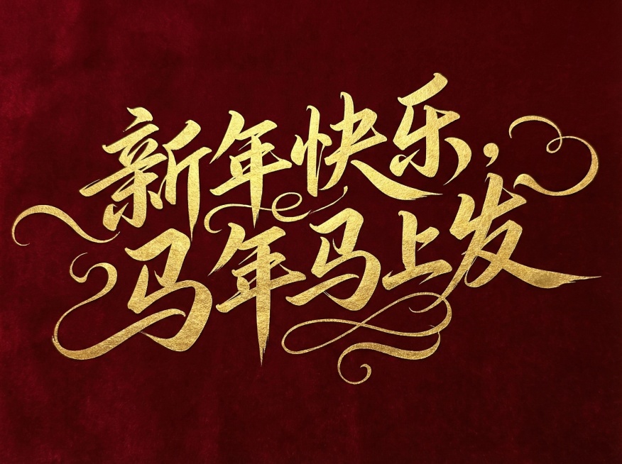 浪漫主义连笔手写体“新年快乐，马年马上发”，深红色背景，金色文字，动态连笔，局部飘逸弯钩设计，关键笔画延长预览效果
