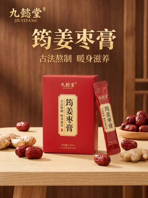 [主图 1] 九懿堂筠姜枣膏首图，场景化品质氛围首图
[氛围风格] 温润养生中式质感，自然温暖食欲感
[画质] 商业摄影质感、光线柔和通透、产品清晰真实、画面干净高级
[元素] 筠姜枣膏红色包装盒居中预览效果