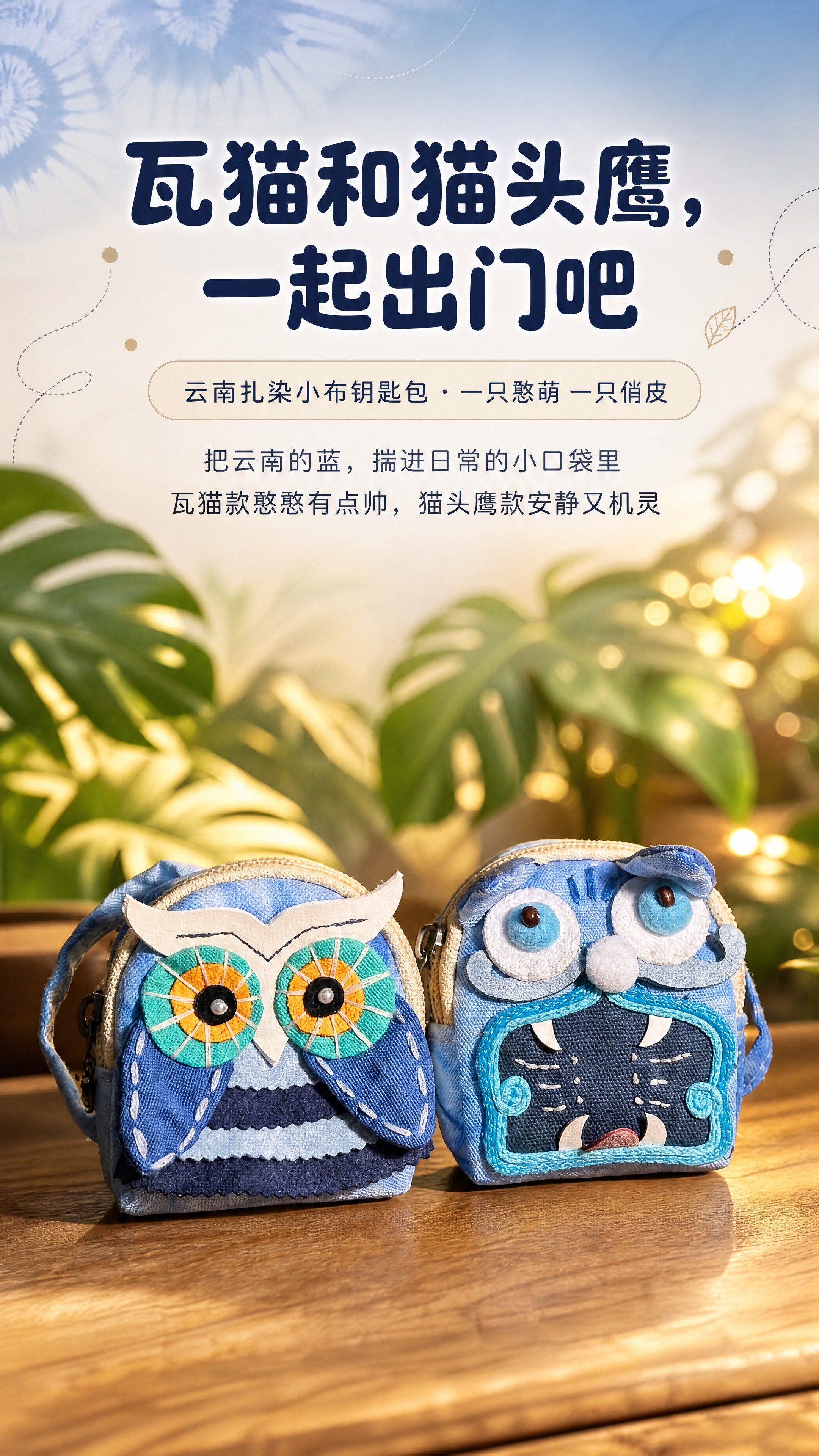 [商品] 使用【图1】云南扎染小布钥匙包，瓦猫款与猫头鹰款并排… - 图片创意预览