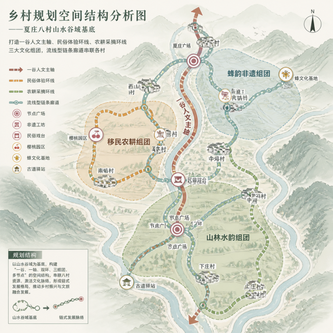 乡村规划空间结构分析图，夏庄八村山水谷域基底，打造一谷人文主轴、民俗体验环线、农耕采摘环线，三大文化组团：移民农耕组团、蜂韵非遗组团、山林水韵组团；流线型链条廊道串联各村，标注节点广场、非遗工坊、民俗预览效果