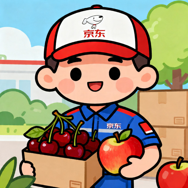 Q版扁平漫画风格，京东快递小哥穿着京东工作服，抱着新鲜的樱桃和苹果，色彩鲜明，线条简洁，卡通可爱风格预览效果