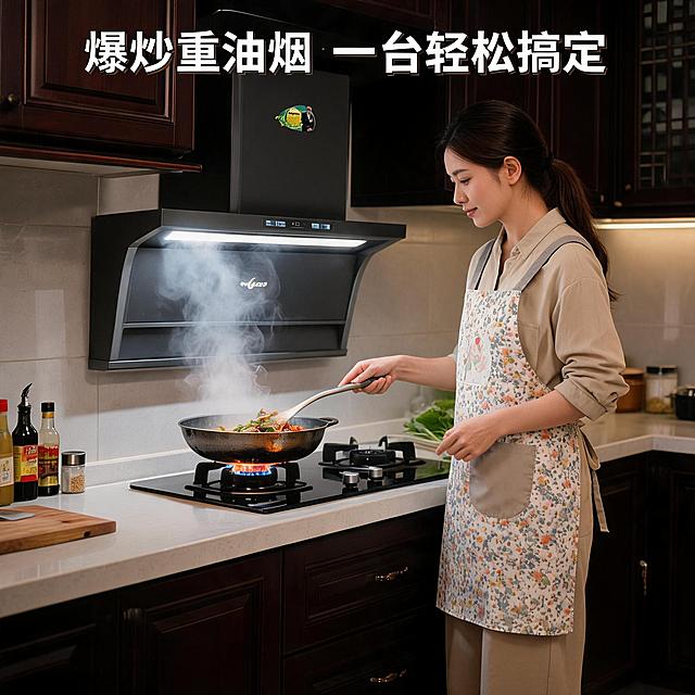 场景图 2｜中式爆炒烹饪使用场景，主体描述：主标题"爆炒重油烟 一台轻松搞定"，女主人正在中式厨房爆炒菜肴，油烟机开启快速吸走油烟；场景环境：中式家用厨房，烟火气十足，灶台、厨具齐全；材质细节：油烟机侧顶双吸结构清晰，哑光黑机身质感高级；光线氛围：温暖居家柔光，烟火氛围感；风格参考：生活化写实场景，真实治愈，电商功能场景图