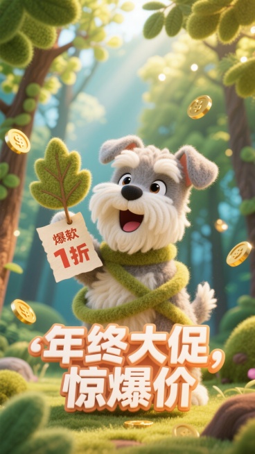 颜色鲜亮，一只可爱的雪纳瑞，拿着一个带爆款标签“1折”的树叶，森林背景，精灵光感元素、金币元素点缀，画面下方3D文字标签“年终大促，惊爆价”。预览效果
